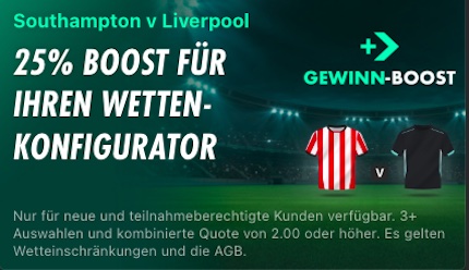 25% mehr Profit zu Southampton - Liverpool bei Bet365 Sportwetten