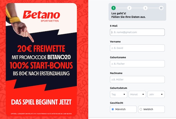 Neue Betano Registrierung mit Betano Bonus Code BETANO20