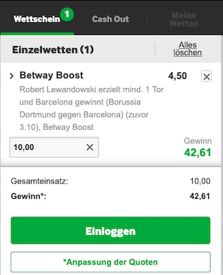 Quote 4.50 auf Lewa trifft und Barcelona gewinnt gegen Dortmund beim Betway Superboost