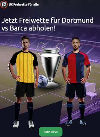 Betano Freiwette für alle: Der Anbieter schenkt dir eine 5€ Freebet für das Spiel Dortmund gegen Barcelona.