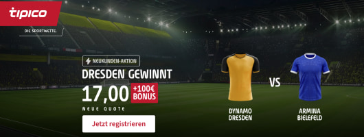 Tipico Quotenboost: Besiegt Dynamo Dresden Arminia Bielefeld, steigert der Buchmacher die Quote auf 750%.