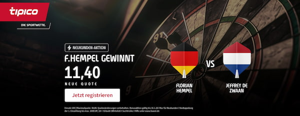 Quotenboost auf das 7,5fache bei Tipico zur Hempel-de Zwann bei der Darts WM 2025!