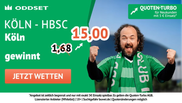 Quotenboost bei Oddset für Neukunden: Setzt sich der 1.FC Köln durch, winkt eine Quote von 15,00.