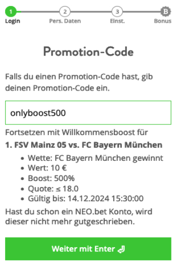 Tolles Angebot für Neo.bet.-Neukunden, bei dem ein 500% Boost auf Bayern wartet