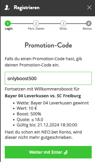 Mit Eingabe des Codes erhalten Neukunden von Neo.Bet einen Quotenboost auf Leverkusen.