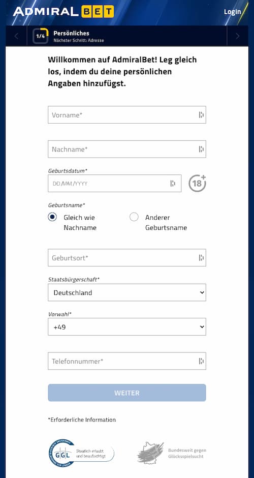 Registrierung bei AdmiralBet