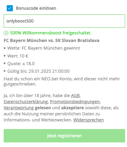 500% Boost auf die Bayern Slovan Quoten bei NEO.bet