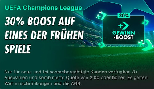 30% Bet365 Gewinnboost auf die frühen Spiele der Champions League