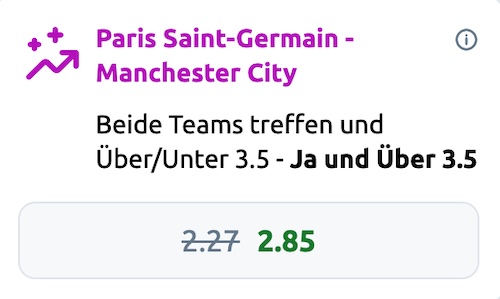 Betano SVQ: Quote 2.85 auf beide Teams treffen und über 3.5 Tore bei PSG vs. Man City