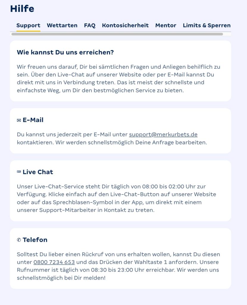 FAQ und Support bei Merkur Bets