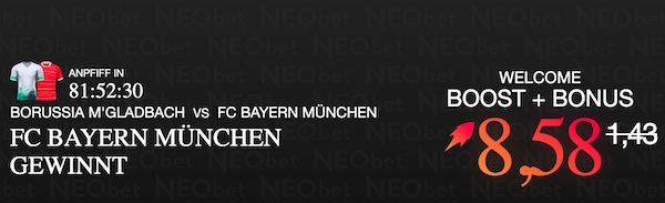 Wette bei NEO.bet mit Quote 8.58 auf Bayern gewinnt gegen Gladbach!