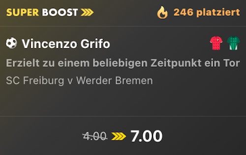 Bet365 Superboost: Grifo trifft gegen Bremen zu Quote 7.00