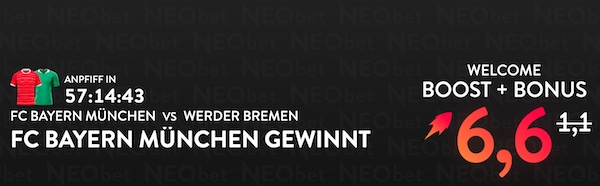 Melde dich bei NEO.bet an und hol dir den 500% Boost zu Bayern vs. Bremen!