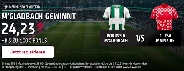 Nutze den Tipico Quotenboost und wette mit der 9,5-fachen Quote auf Gladbach besiegt Mainz!